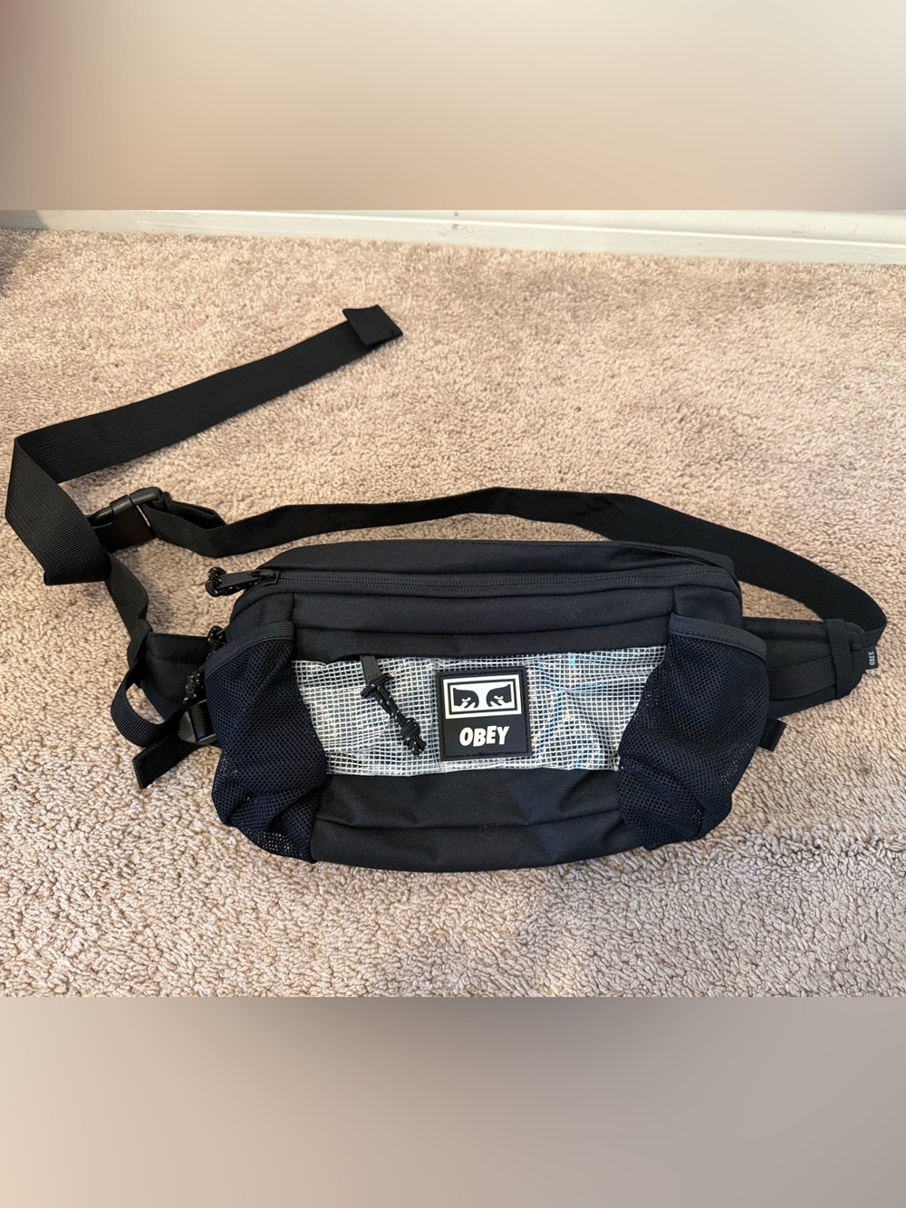 Obey Black and White Mesh Accent Waist Bag